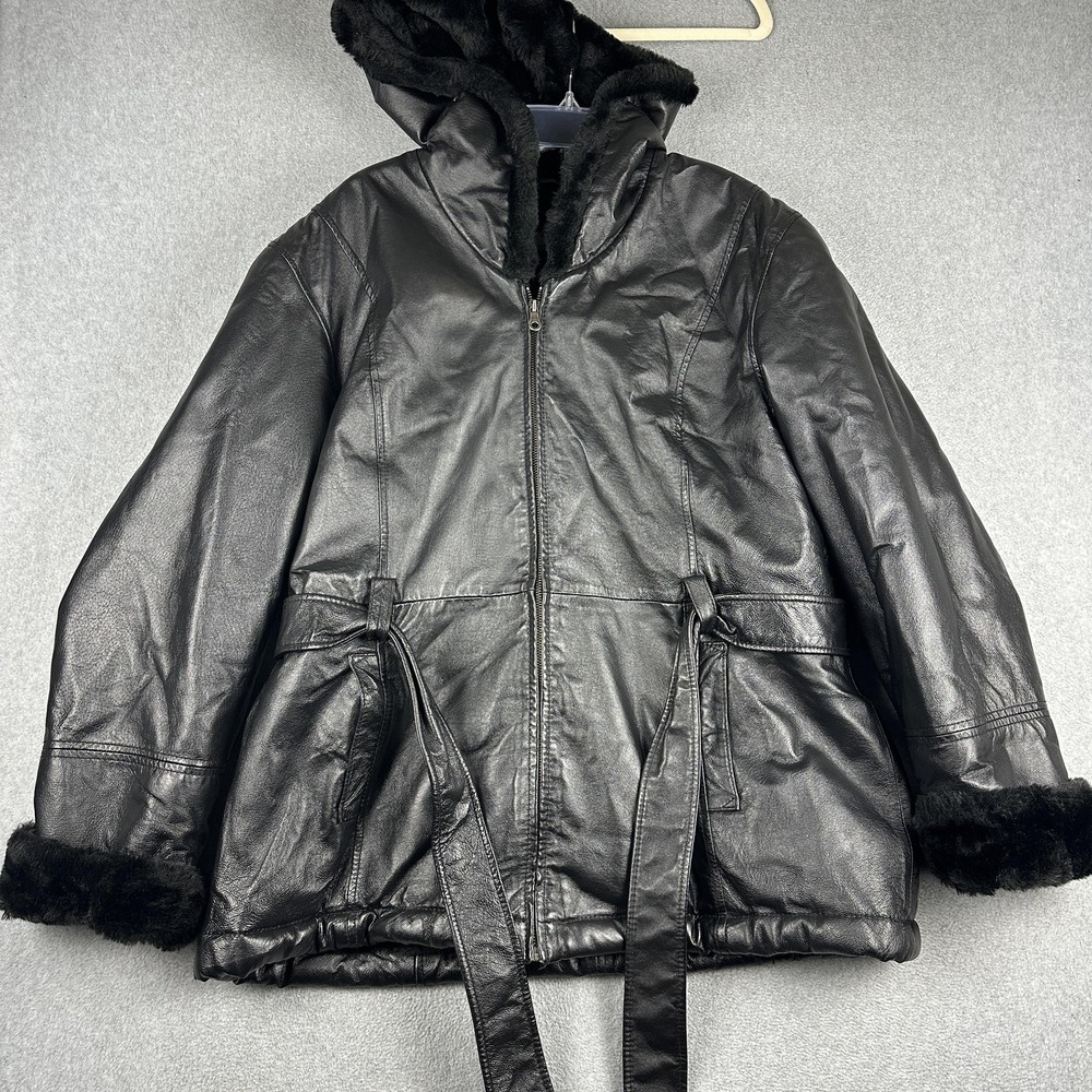 Pelle Studio Coat Womens XL Black Leather Hooded Faux Fur Lined Belted Parka